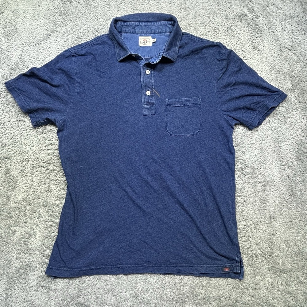 Faherty Polo Shirt Mens M Blue Striped Denim Pocket Performance Indigo Feeder